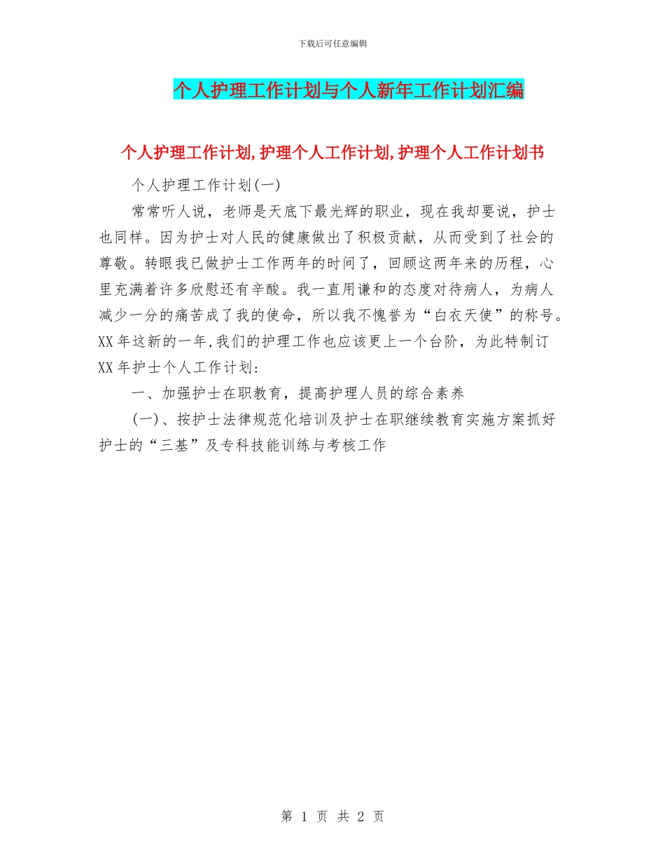 个人护理工作计划与个人新年工作计划汇编_第1页