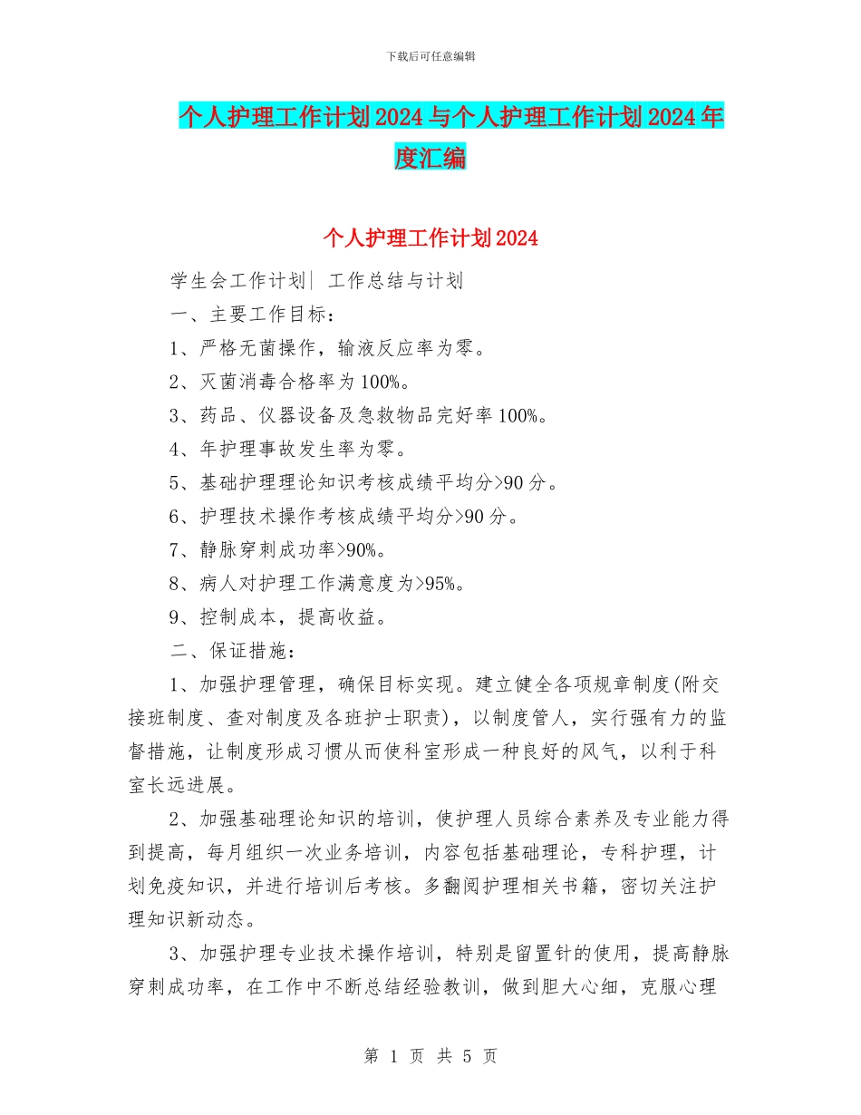 个人护理工作计划2024与个人护理工作计划2024年度汇编_第1页