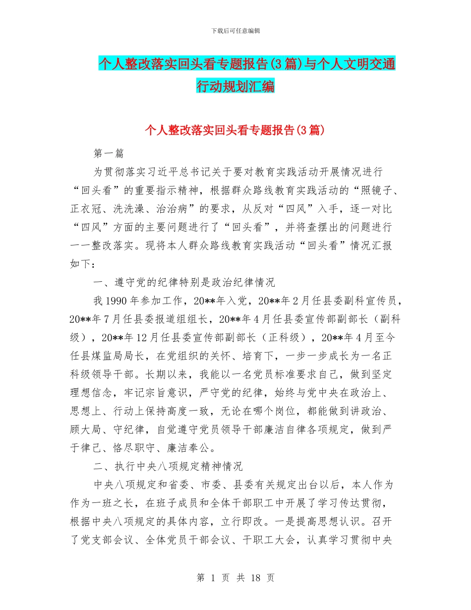 个人整改落实回头看专题报告与个人文明交通行动规划汇编_第1页