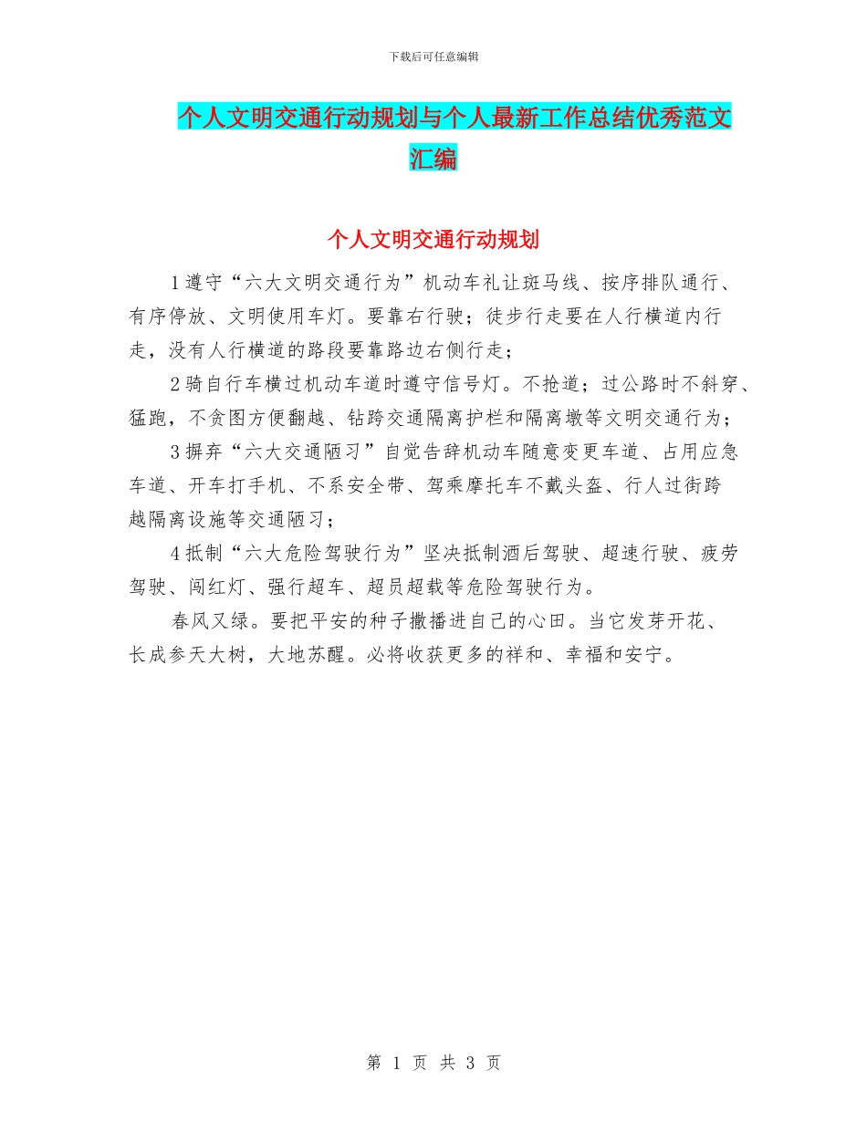 个人文明交通行动规划与个人最新工作总结优秀范文汇编_第1页