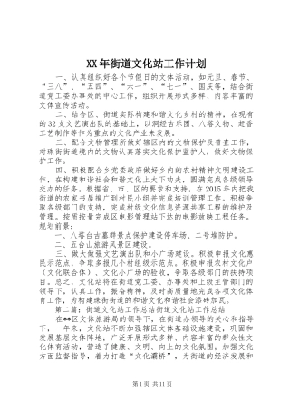 XX年街道文化站工作计划