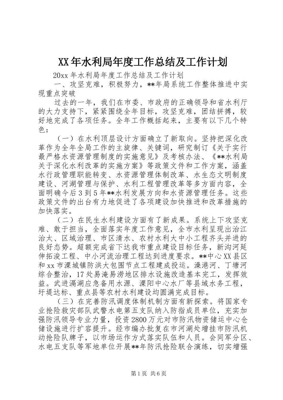 XX年水利局年度工作总结及工作计划_第1页