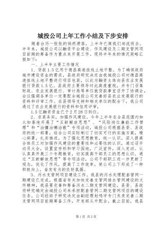 城投公司上年工作小结及下步安排