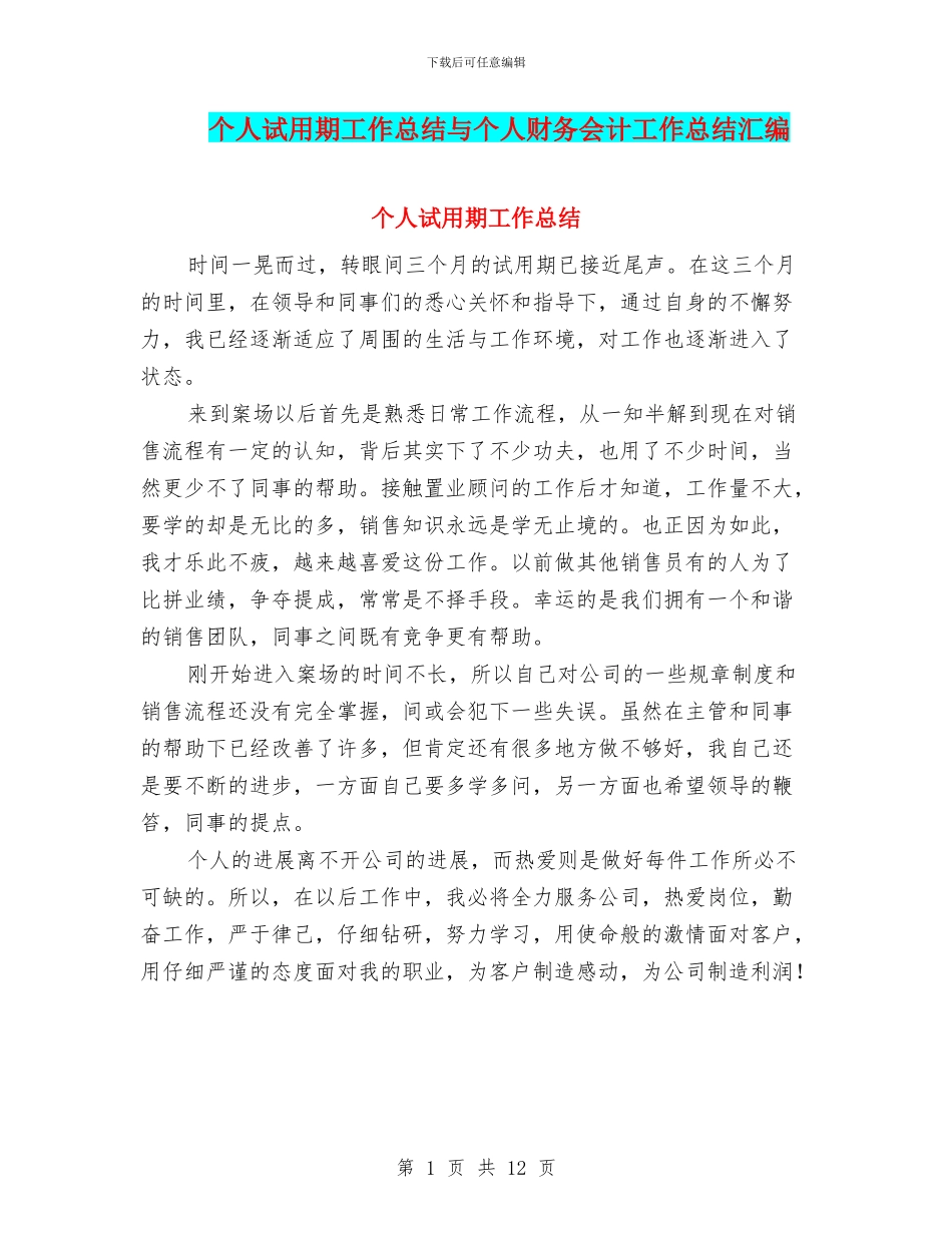 个人试用期工作总结与个人财务会计工作总结汇编_第1页