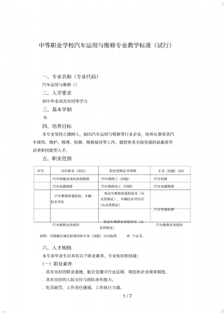 中等职业学校汽车运用与维修专业教学标准