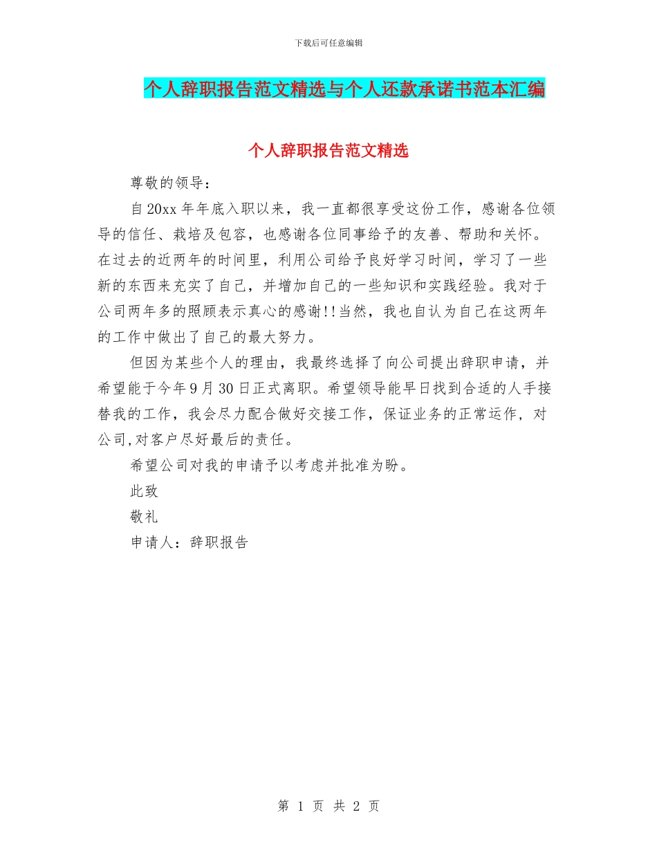 个人辞职报告范文精选与个人还款承诺书范本汇编_第1页