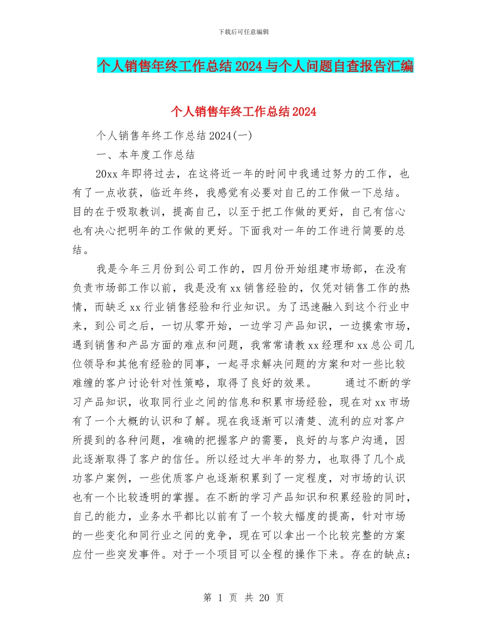个人销售年终工作总结2024与个人问题自查报告汇编_第1页