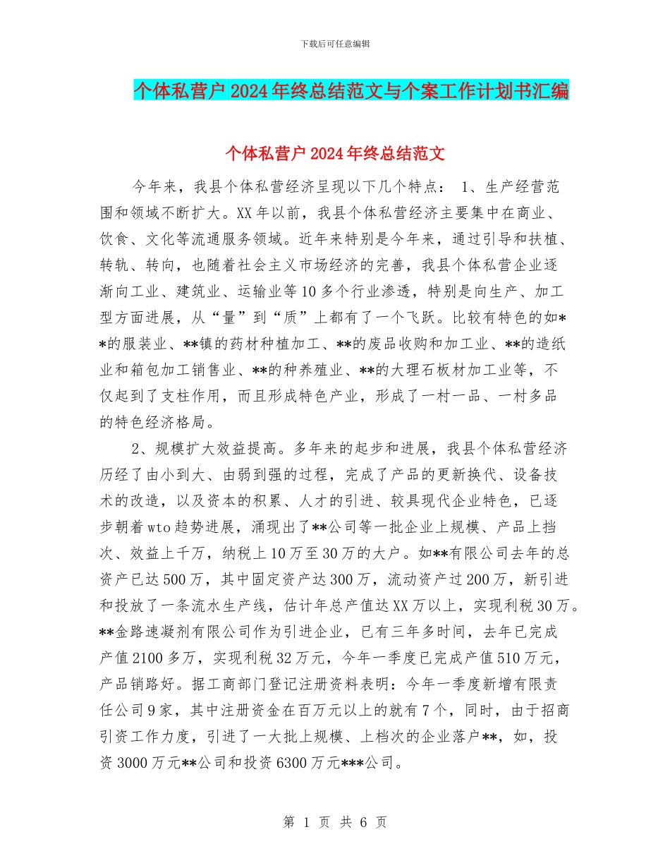 个体私营户2024年终总结范文与个案工作计划书汇编_第1页