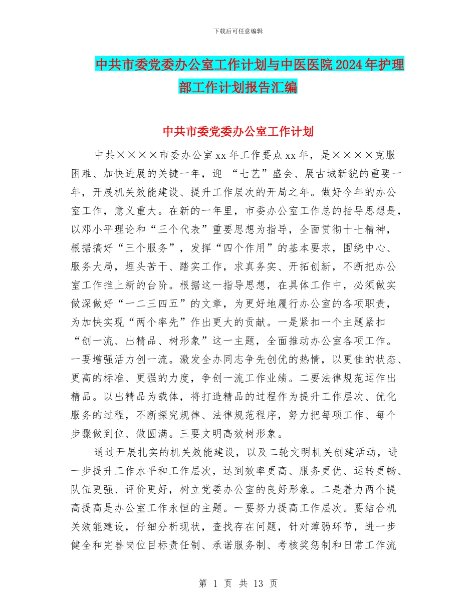 中共市委党委办公室工作计划与中医医院2024年护理部工作计划报告汇编_第1页
