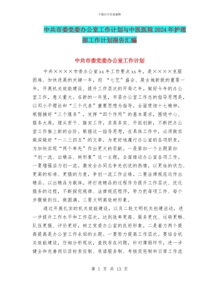 中共市委党委办公室工作计划与中医医院2024年护理部工作计划报告汇编