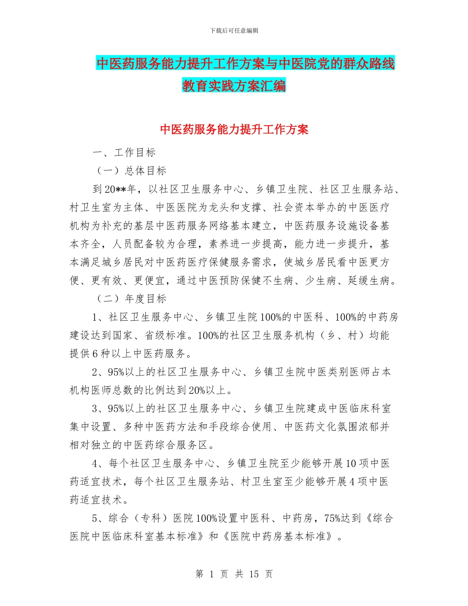 中医药服务能力提升工作方案与中医院党的群众路线教育实践方案汇编_第1页