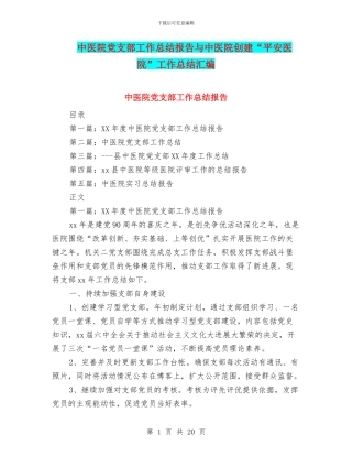 中医院党支部工作总结报告与中医院创建“平安医院”工作总结汇编