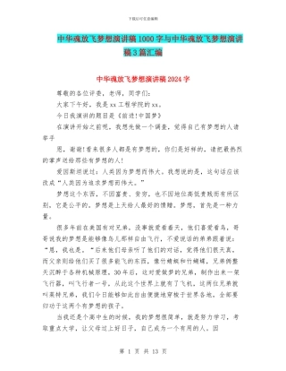 中华魂放飞梦想演讲稿1000字与中华魂放飞梦想演讲稿3篇汇编