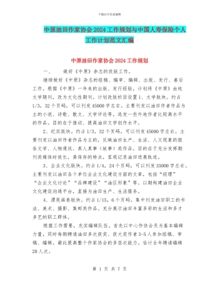 中原油田作家协会2024工作规划与中国人寿保险个人工作计划范文汇编