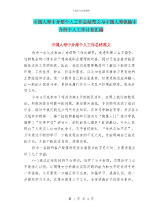 中国人寿中介部个人工作总结范文与中国人寿保险中介部个人工作计划汇编