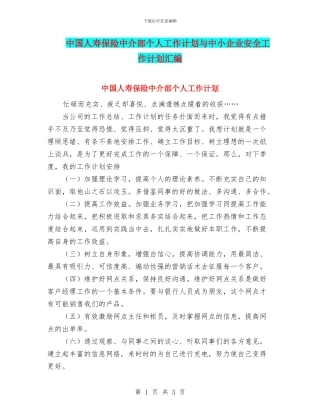 中国人寿保险中介部个人工作计划与中小企业安全工作计划汇编