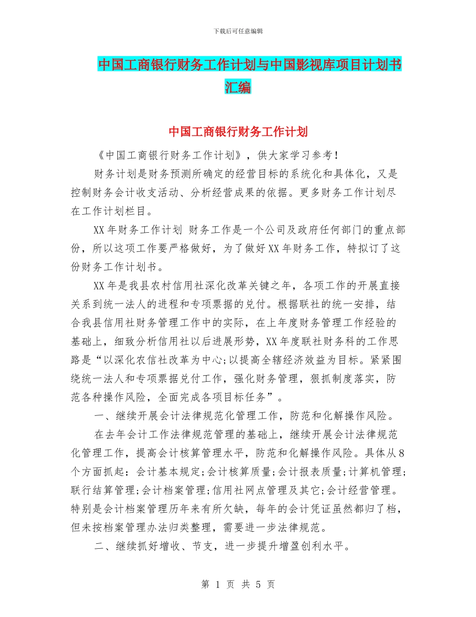 中国工商银行财务工作计划与中国影视库项目计划书汇编_第1页