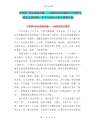 中国梦-劳动美演讲稿——旅游因我而精彩与中国梦主题征文演讲稿：在平凡岗位点亮中国梦汇编