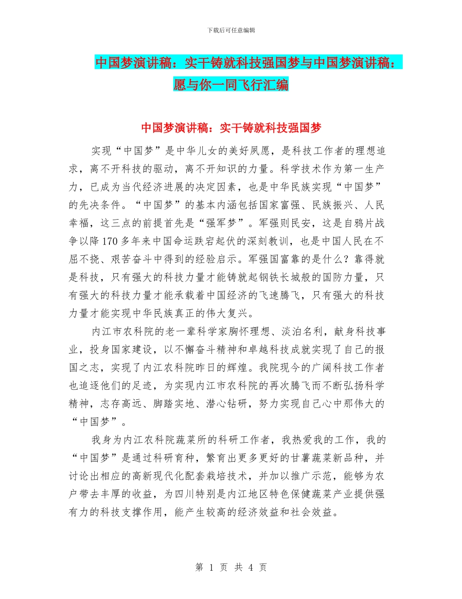中国梦演讲稿：实干铸就科技强国梦与中国梦演讲稿：愿与你一同飞翔汇编_第1页