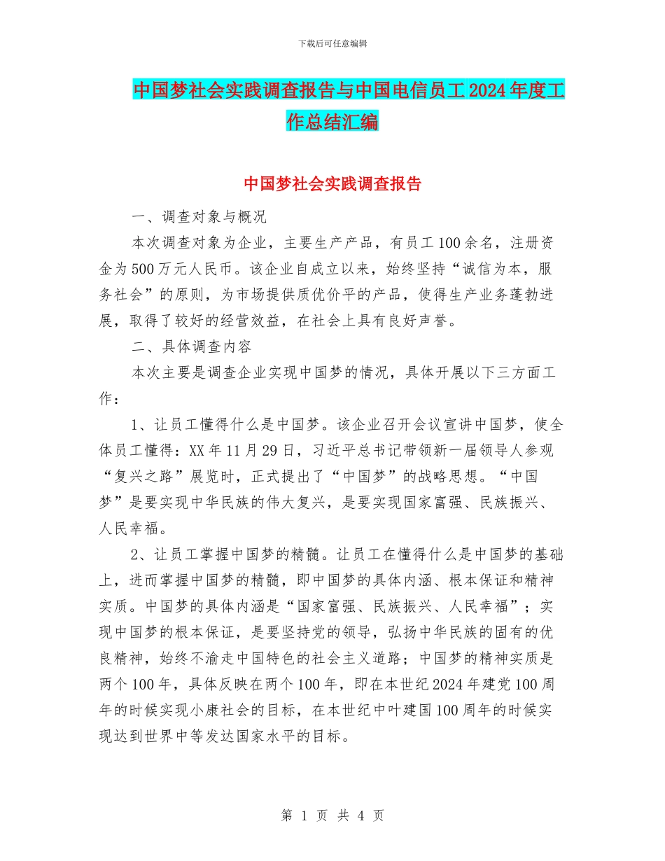 中国梦社会实践调查报告与中国电信员工2024年度工作总结汇编_第1页