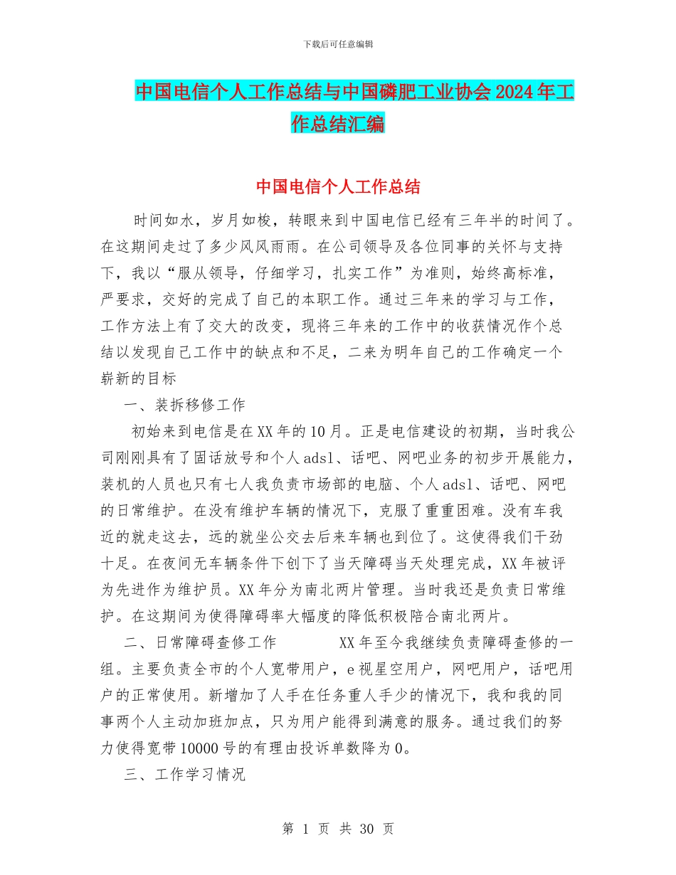 中国电信个人工作总结与中国磷肥工业协会2024年工作总结汇编_第1页