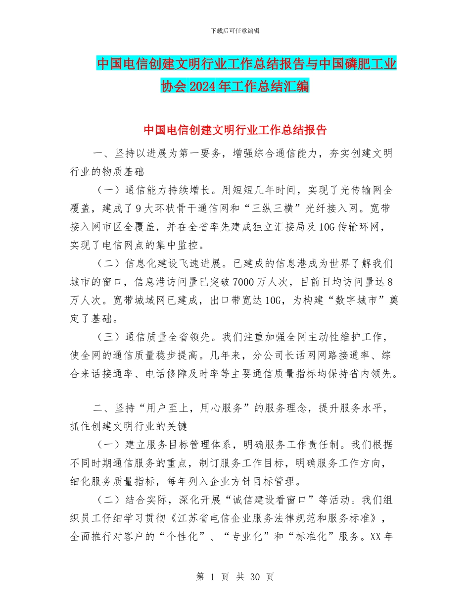 中国电信创建文明行业工作总结报告与中国磷肥工业协会2024年工作总结汇编_第1页