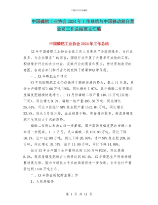 中国磷肥工业协会2024年工作总结与中国移动前台营业员工作总结范文汇编