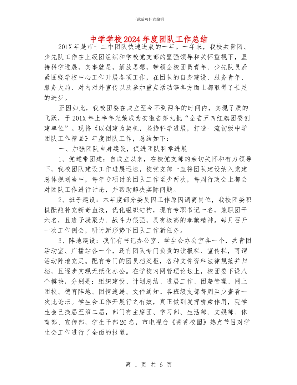 中学学校2024年度团队工作总结_第1页