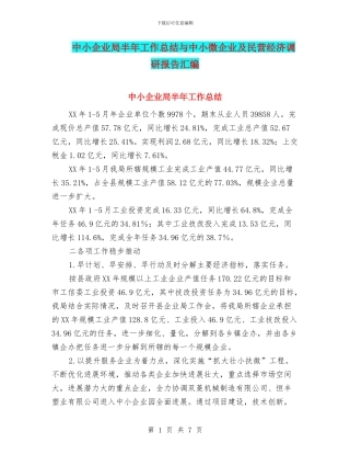 中小企业局半年工作总结与中小微企业及民营经济调研报告汇编