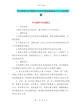 中心组学习计划范文与中石油加油站员工个人总结汇编