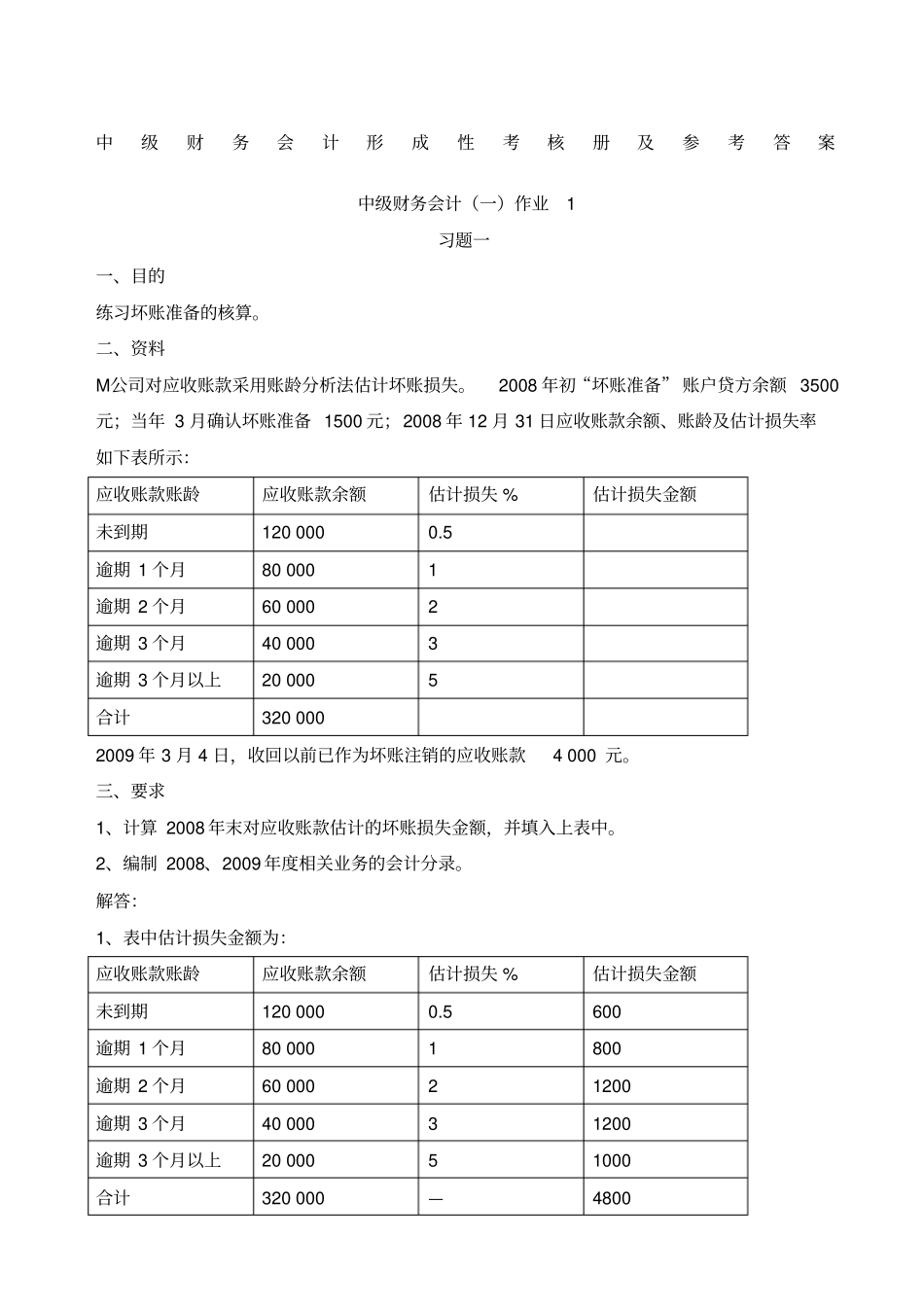 中级财务会计一形成性考核册参考答案_第1页