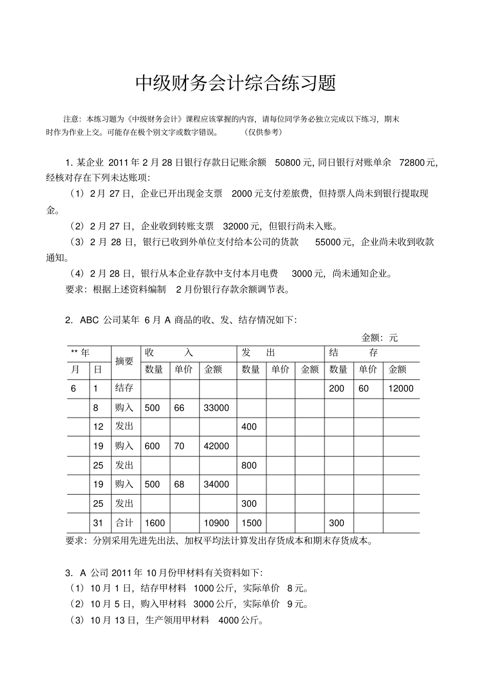 中级财务会计综合练习题_第1页