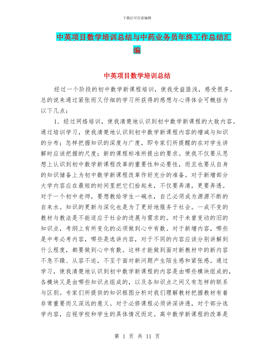 中英项目数学培训总结与中药业务员年终工作总结汇编_第1页