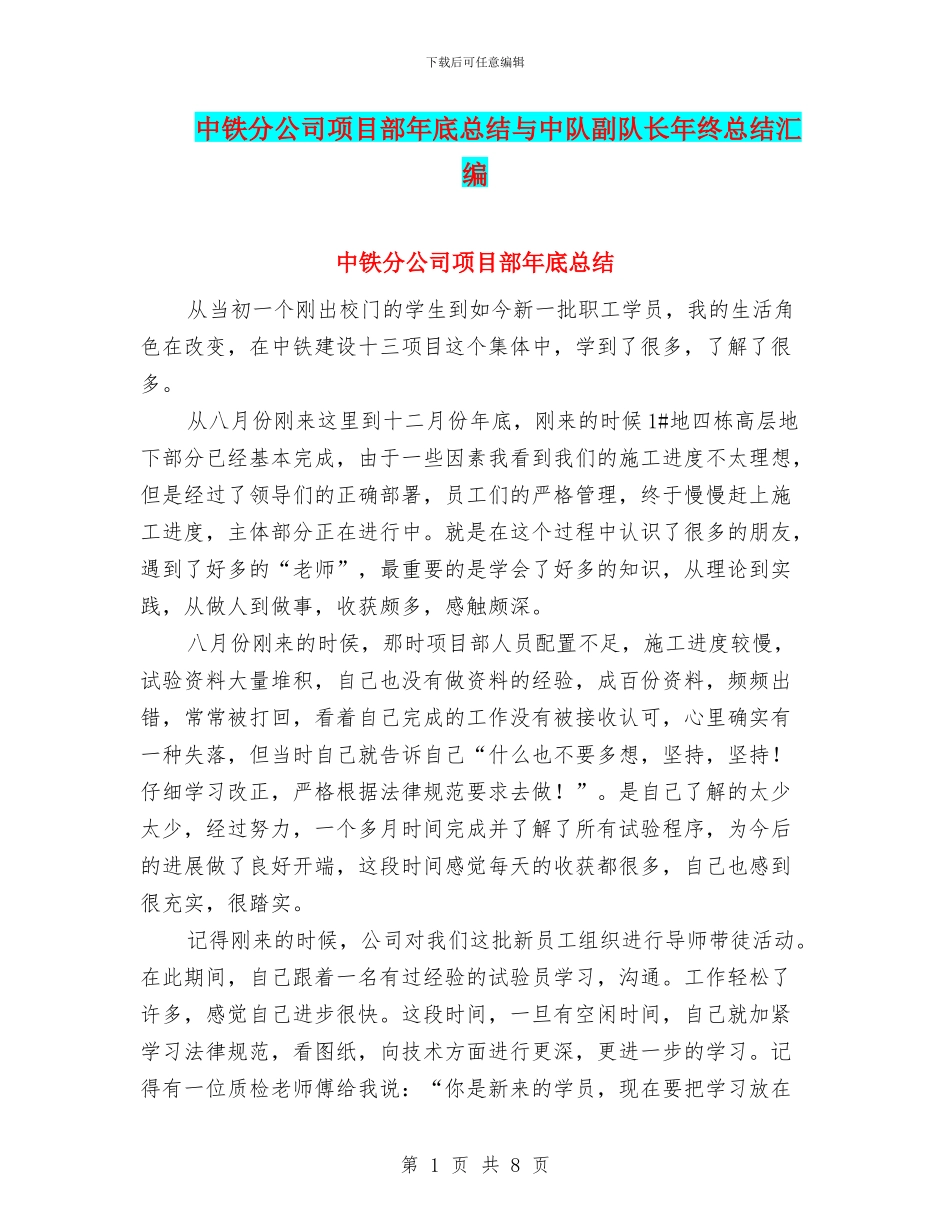 中铁分公司项目部年底总结与中队副队长年终总结汇编_第1页