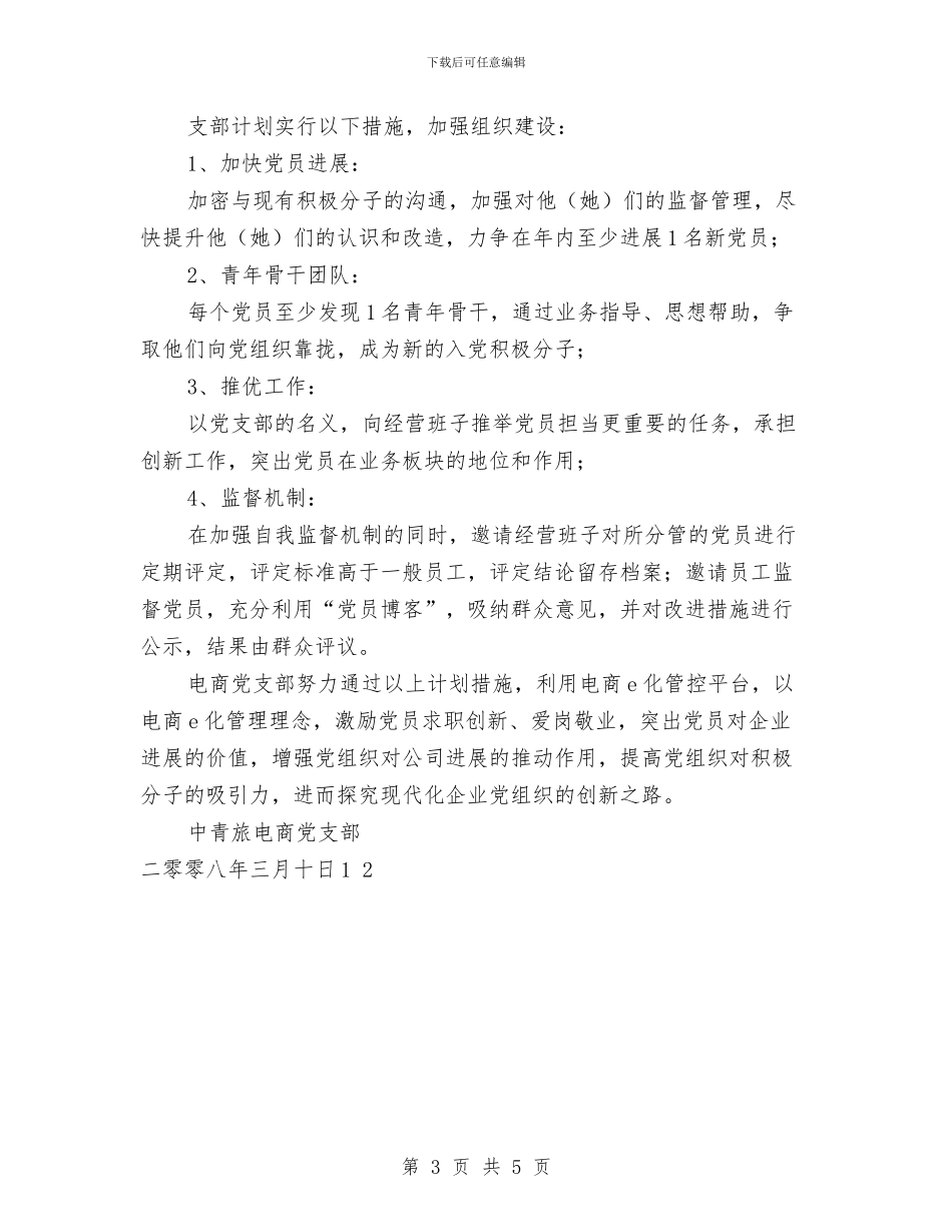 中青旅电商党支部2024年工作计划与中青班党性分析总结汇编_第3页