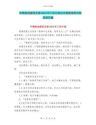 中青旅电商党支部2024年工作计划与中青班党性分析总结汇编