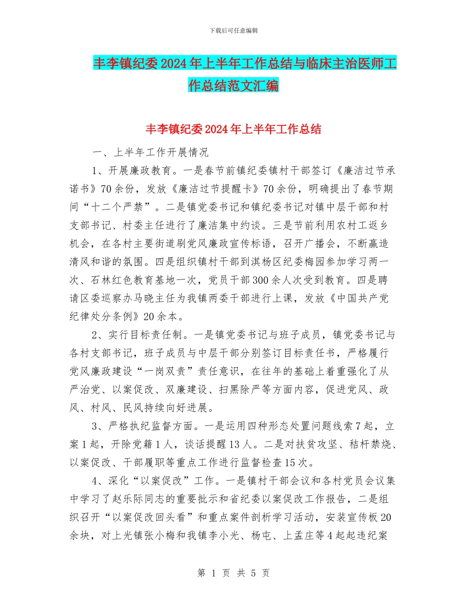 丰李镇纪委2024年上半年工作总结与临床主治医师工作总结范文汇编_第1页