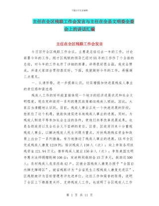 主任在全区残联工作会发言与主任在全县文明委全委会上的讲话汇编