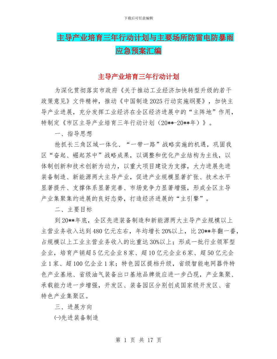 主导产业培育三年行动计划与主要场所防雷电防暴雨应急预案汇编_第1页