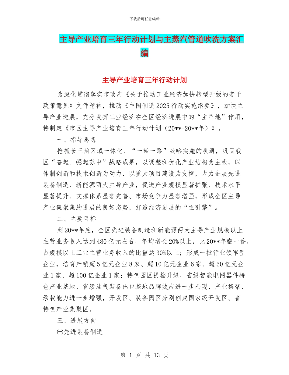 主导产业培育三年行动计划与主蒸汽管道吹洗方案汇编_第1页