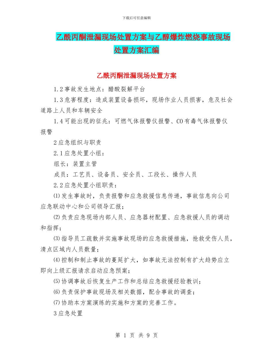 乙酰丙酮泄漏现场处置方案与乙醇爆炸燃烧事故现场处置方案汇编_第1页