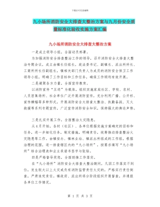 九小场所消防安全大排查大整治方案与九月份安全质量标准化验收实施方案汇编