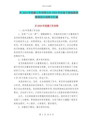 乡2024年党建工作安排与乡2024年后备干部选拔培养培训计划样文汇编