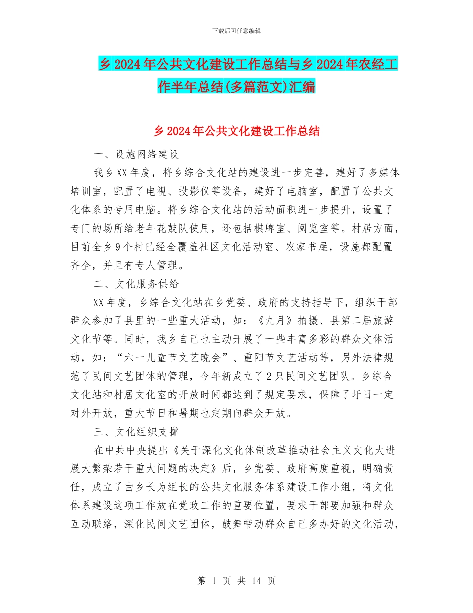 乡2024年公共文化建设工作总结与乡2024年农经工作半年总结汇编_第1页
