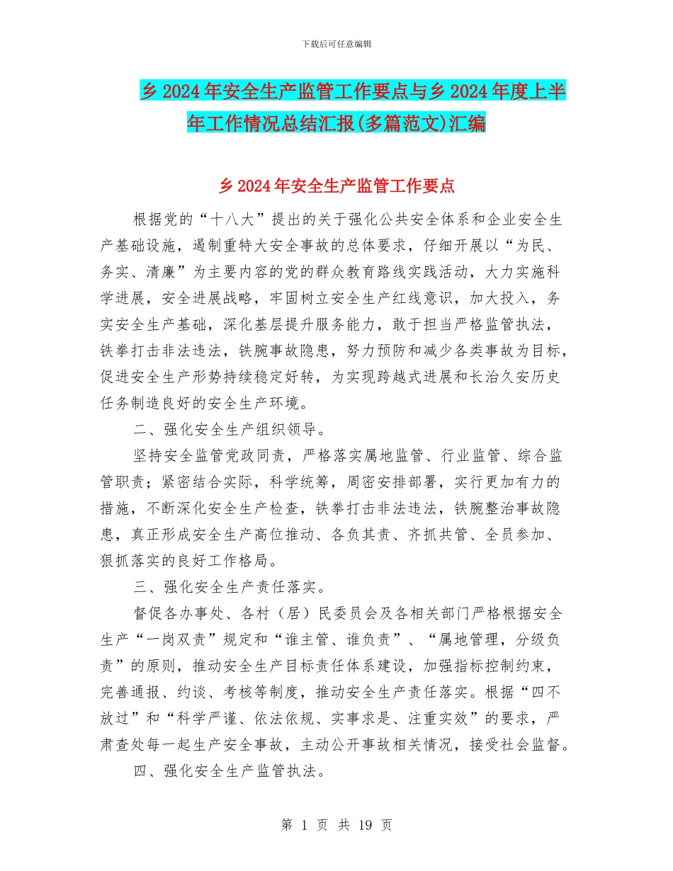 乡2024年安全生产监管工作要点与乡2024年度上半年工作情况总结汇报汇编_第1页