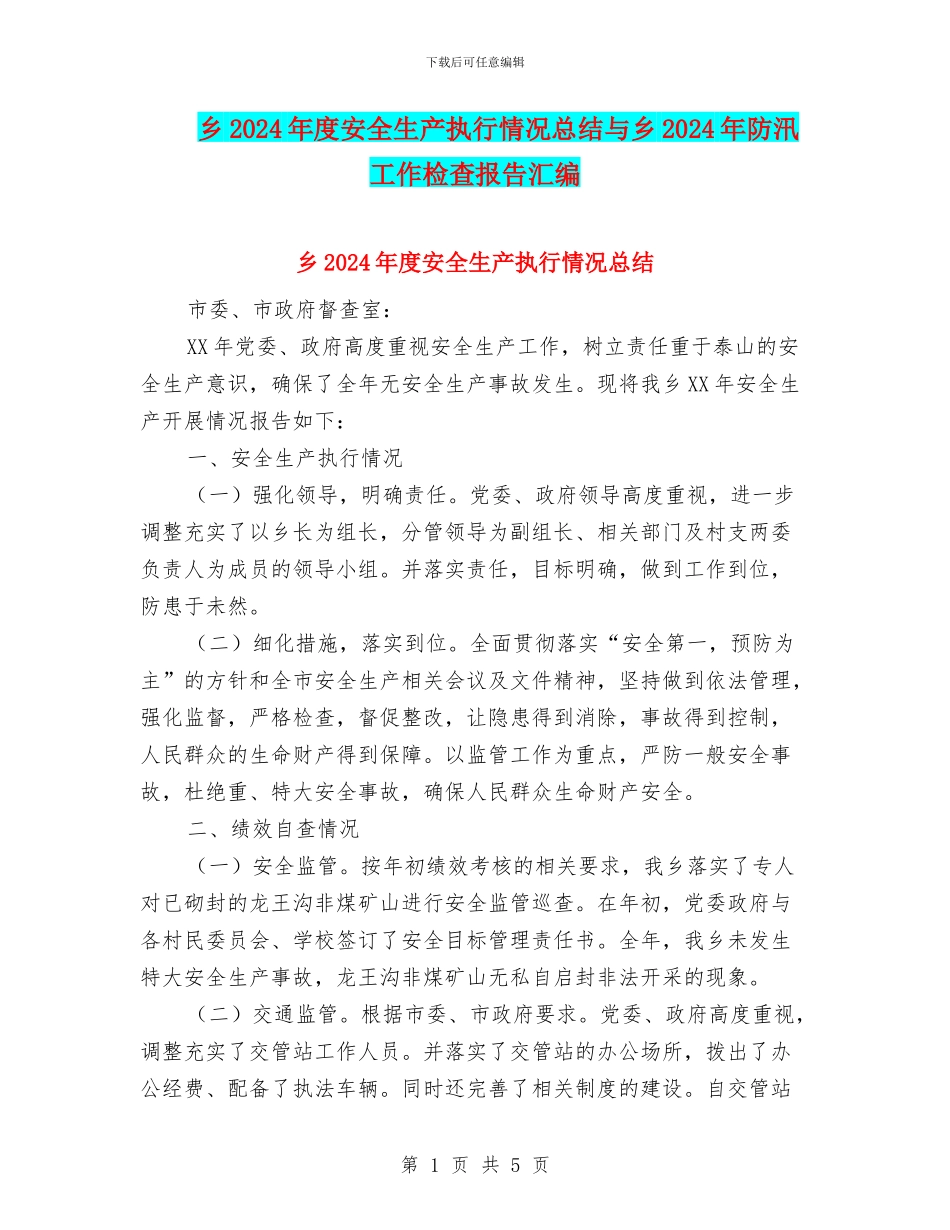 乡2024年度安全生产执行情况总结与乡2024年防汛工作检查报告汇编_第1页
