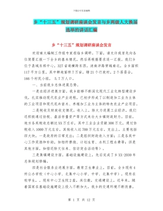 乡“十三五”规划调研座谈会发言与乡两级人大换届选举的讲话汇编