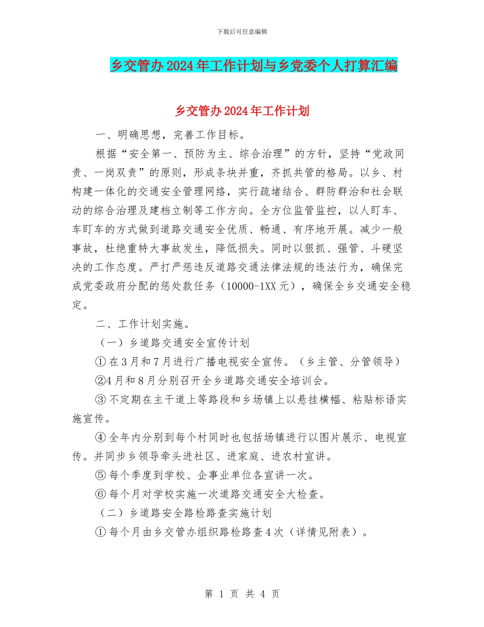 乡交管办2024年工作计划与乡党委个人打算汇编_第1页
