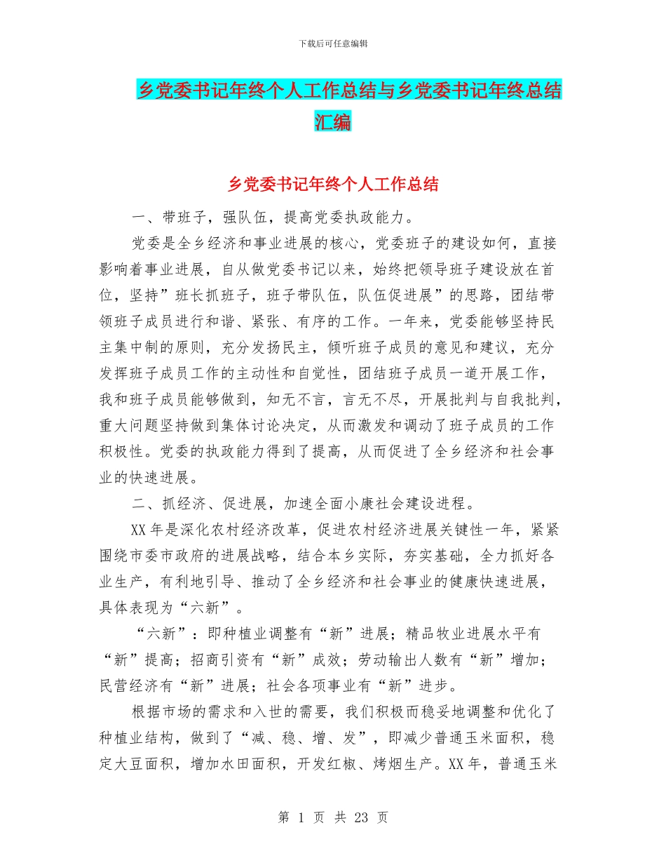 乡党委书记年终个人工作总结与乡党委书记年终总结汇编_第1页