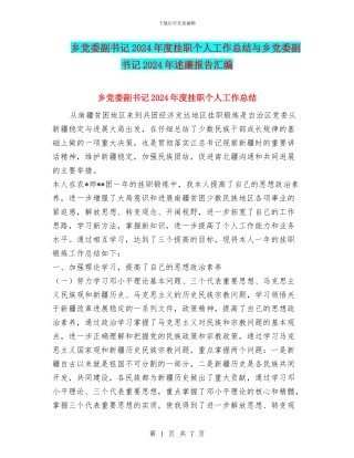 乡党委副书记2024年度挂职个人工作总结与乡党委副书记2024年述廉报告汇编